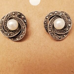 Marcasite, Sterling Silver and Pearl Earrings, Post Back
